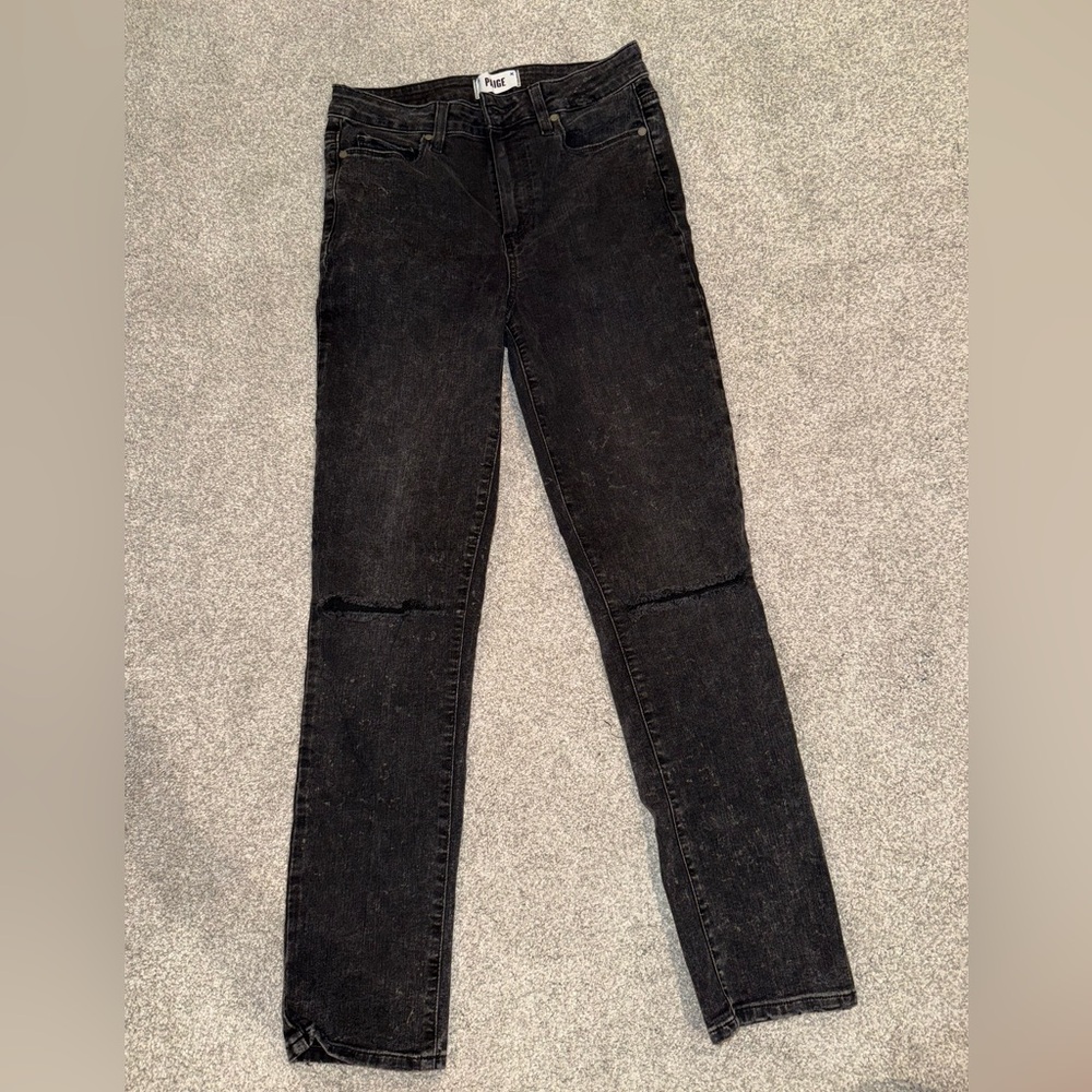 PAIGE Black Straight Leg Distressed at the knee Jeans
